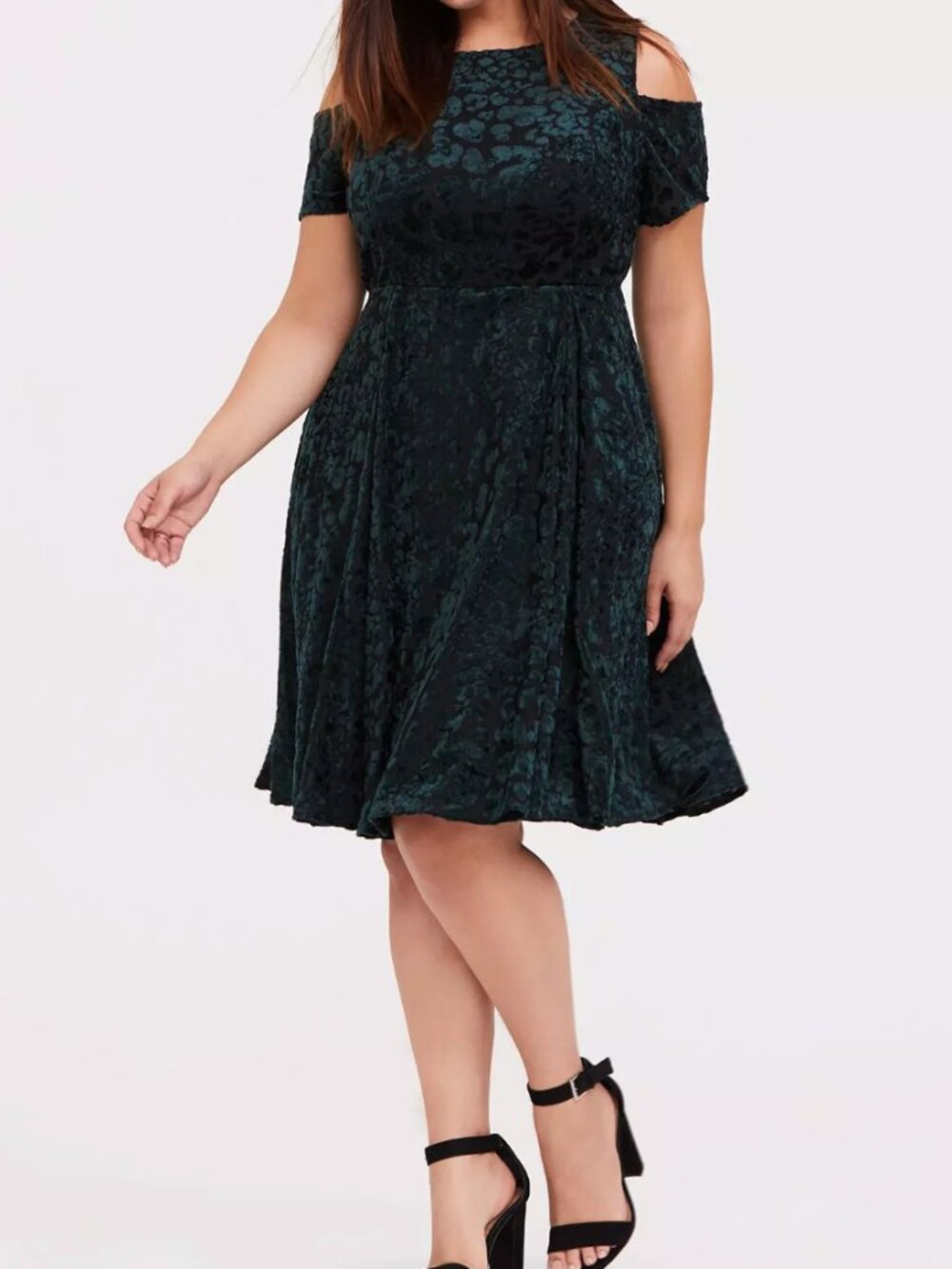 Torrid Velvet Burnout Skater Dress Size 0 US Large Dark Green Leopard Cold